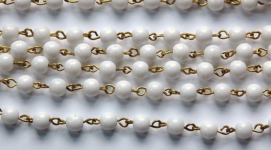 Smooth White Czech Glass 6mm Beaded Chain Raw Brass Links chn113
