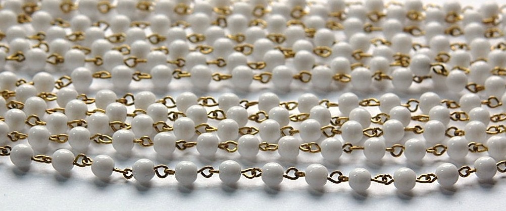Smooth White Czech Glass 6mm Beaded Chain Raw Brass Links chn113