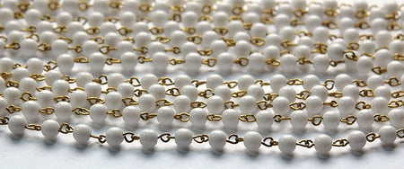 Smooth White Czech Glass 6mm Beaded Chain Raw Brass Links chn113