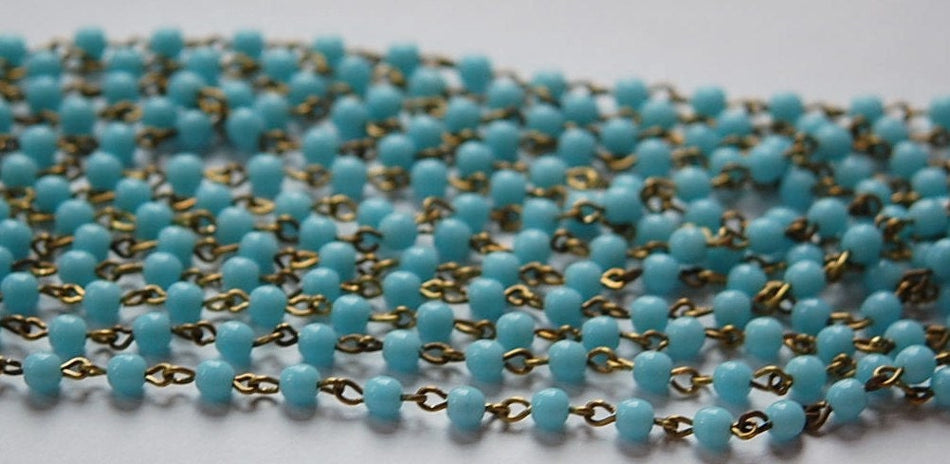 Light Blue Czech Glass Beaded Chain Raw Brass Links chn129