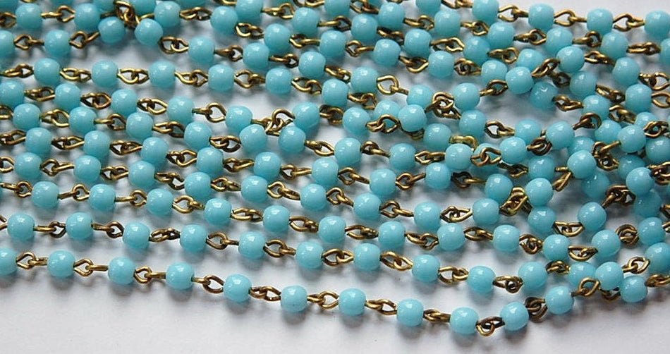 Light Blue Czech Glass Beaded Chain Raw Brass Links chn129