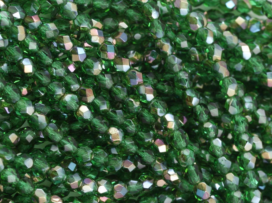 Czech Faceted Emerald Celsian Firepolish Glass Beads 6mm (25)