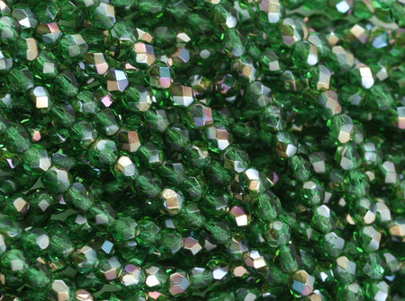 Czech Faceted Emerald Celsian Firepolish Glass Beads 6mm (25)