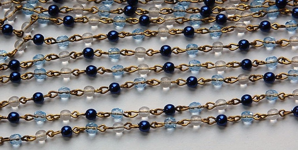 Blue Pearl Sapphire Clear Faceted Czech Glass Beaded Chain Raw Brass Links chn111