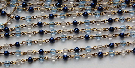Blue Pearl Sapphire Clear Faceted Czech Glass Beaded Chain Raw Brass Links chn111
