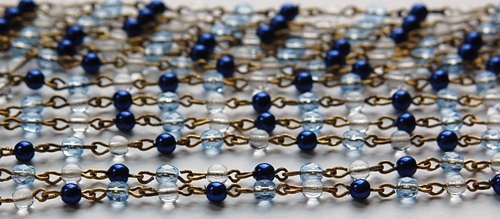 Blue Pearl Sapphire Clear Faceted Czech Glass Beaded Chain Raw Brass Links chn111