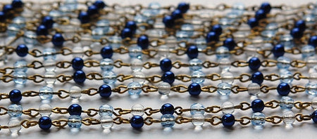 Blue Pearl Sapphire Clear Faceted Czech Glass Beaded Chain Raw Brass Links chn111