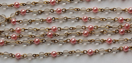 Pink Pearl Clear Czech Glass Beaded Chain Raw Brass Links chn135
