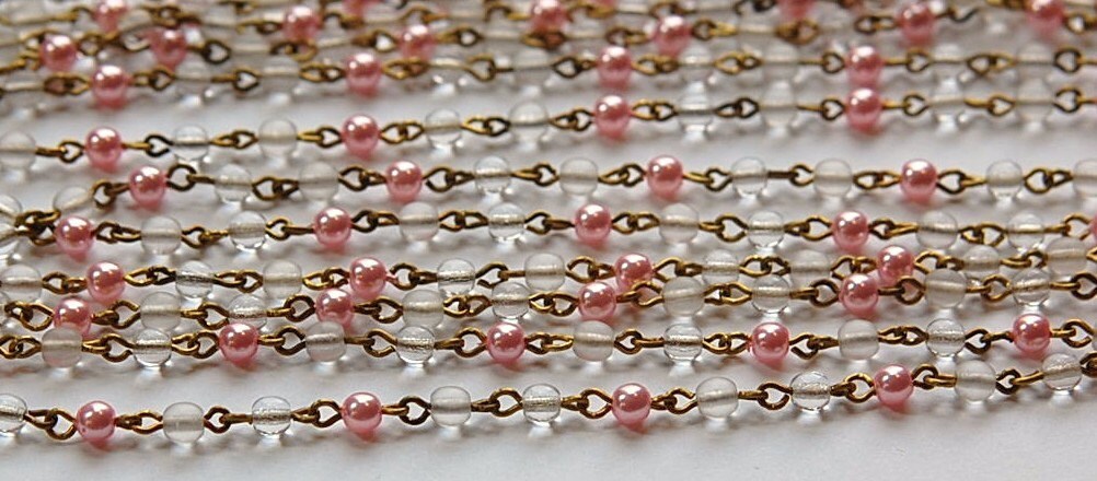 Pink Pearl Clear Czech Glass Beaded Chain Raw Brass Links chn135