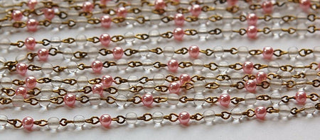 Pink Pearl Clear Czech Glass Beaded Chain Raw Brass Links chn135