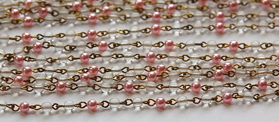 Pink Pearl Clear Czech Glass Beaded Chain Raw Brass Links chn135