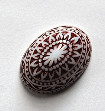 Vintage Etched Mosaic Brown and White Cabochons 25x18mm (2) cab715A