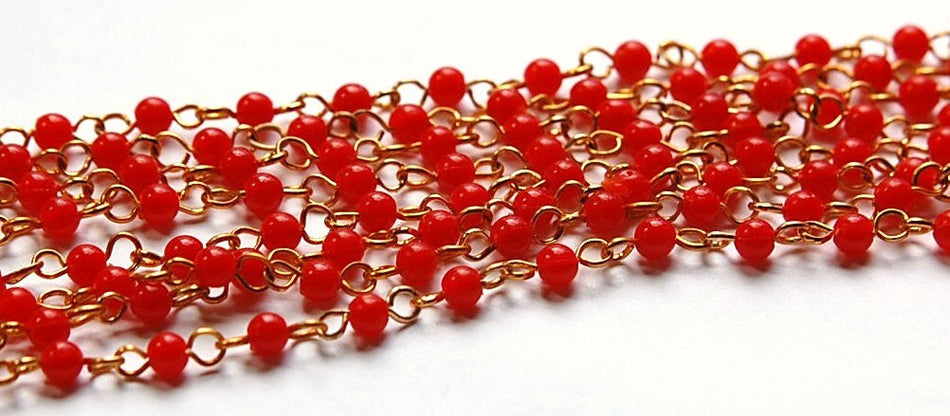 Vintage Hong Kong Red Plastic Beaded Chain Gold Links chn020G