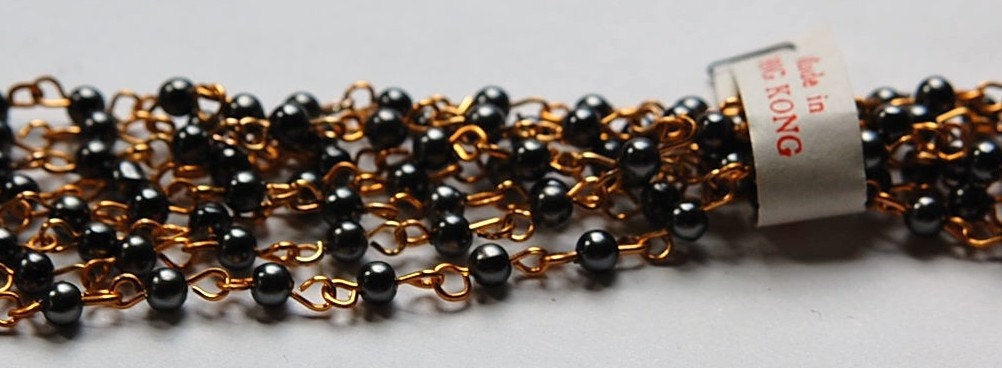 Vintage Gunmetal Gray Plastic Beaded Chain Gold Links Hong Kong chn020H