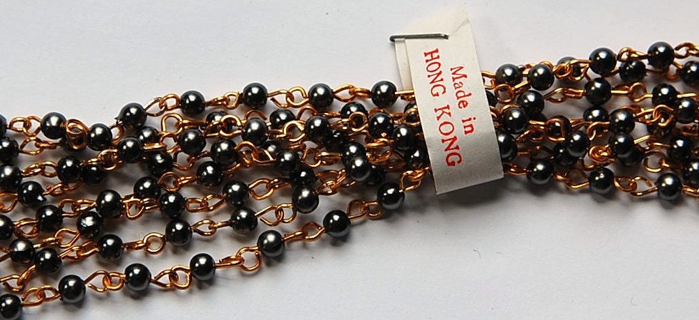 Vintage Gunmetal Gray Plastic Beaded Chain Gold Links Hong Kong chn020H