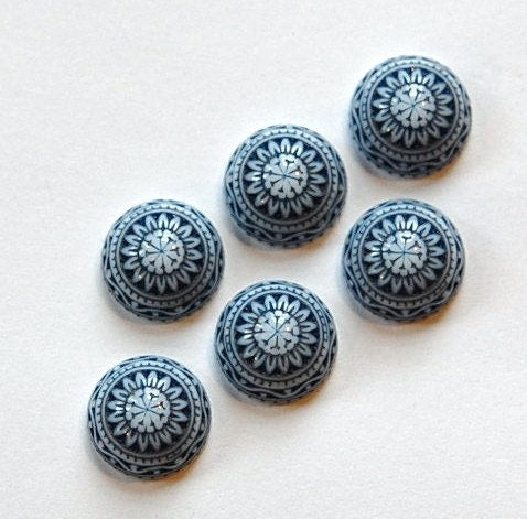 Etched Mosaic Navy Blue and White Cabochons 10mm cab712P