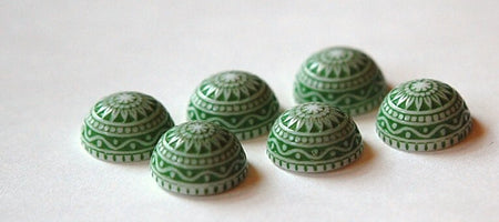 Vintage Etched Mosaic Green and White Cabochons 12mm cab827