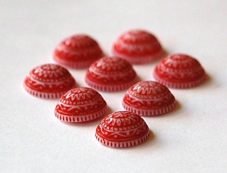 Vintage Mosaic Red and White Cabochons 10x8mm (8) cab714X