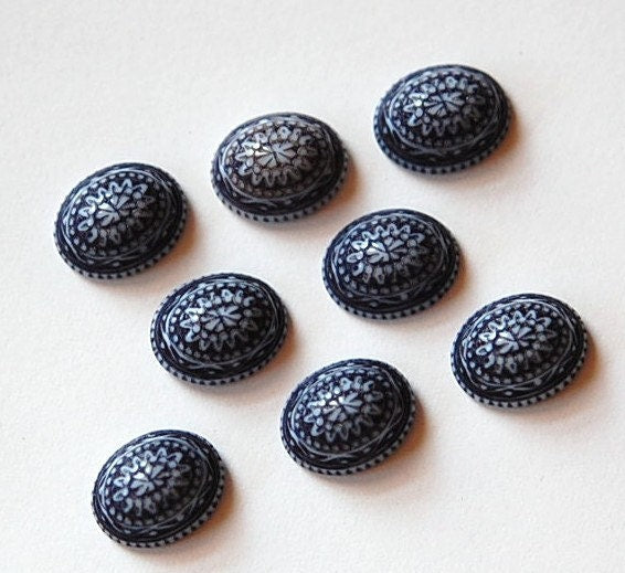 Vintage Mosaic Blue and White Cabochons 10x8mm (8) cab714P