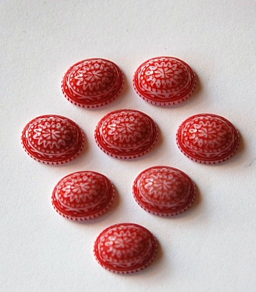 Vintage Mosaic Red and White Cabochons 10x8mm (8) cab714X