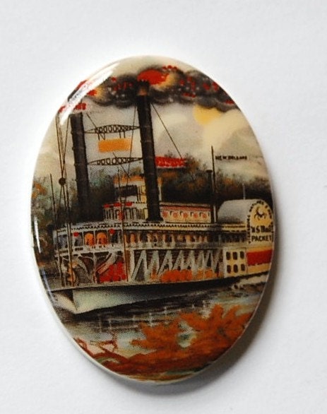 Vintage German Acrylic Riverboat Ship Cabochon 40x30mm cab049