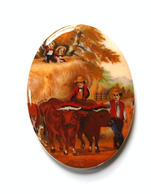 Vintage German Acrylic Hay Wagon Ox Cabochon 40x30mm cab049C