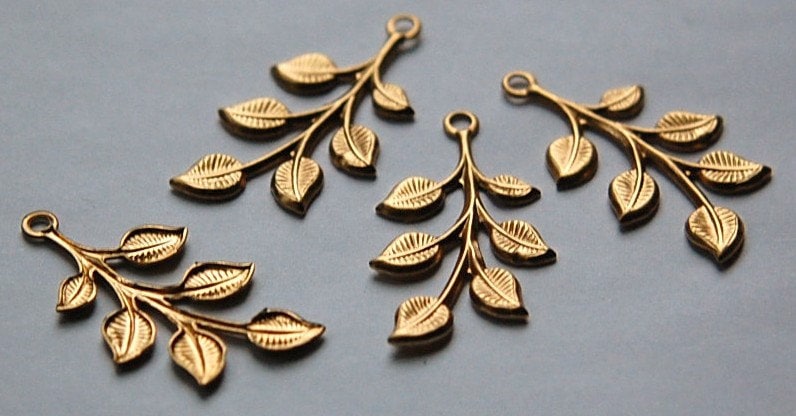 1 Hole Raw Brass Leafy Branch Charm Drop Pendant (4)