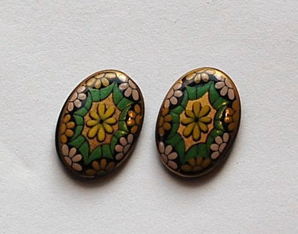 Vintage Glass Mosaic Cabochons Green Germany 14x10mm (2) cab879C