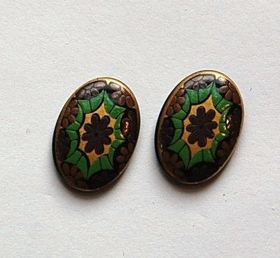 Vintage Glass Mosaic Cabochons Brown Green Germany 14x10mm (2) cab879B