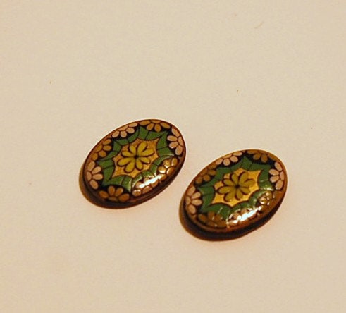 Vintage Glass Mosaic Cabochons Green Germany 14x10mm (2) cab879C