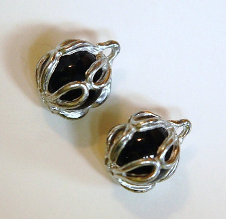 Rare Vintage Black Glass Ball with Pewter Colored Frame Pendant chr154F