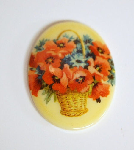 Vintage Glass Cabochon Basket of Poppy Flowers 40x30mm cab680