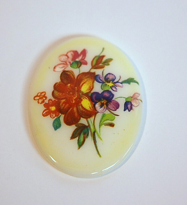 Vintage Brown Yellow Floral Glass Cabochon 40x30mm cab683E