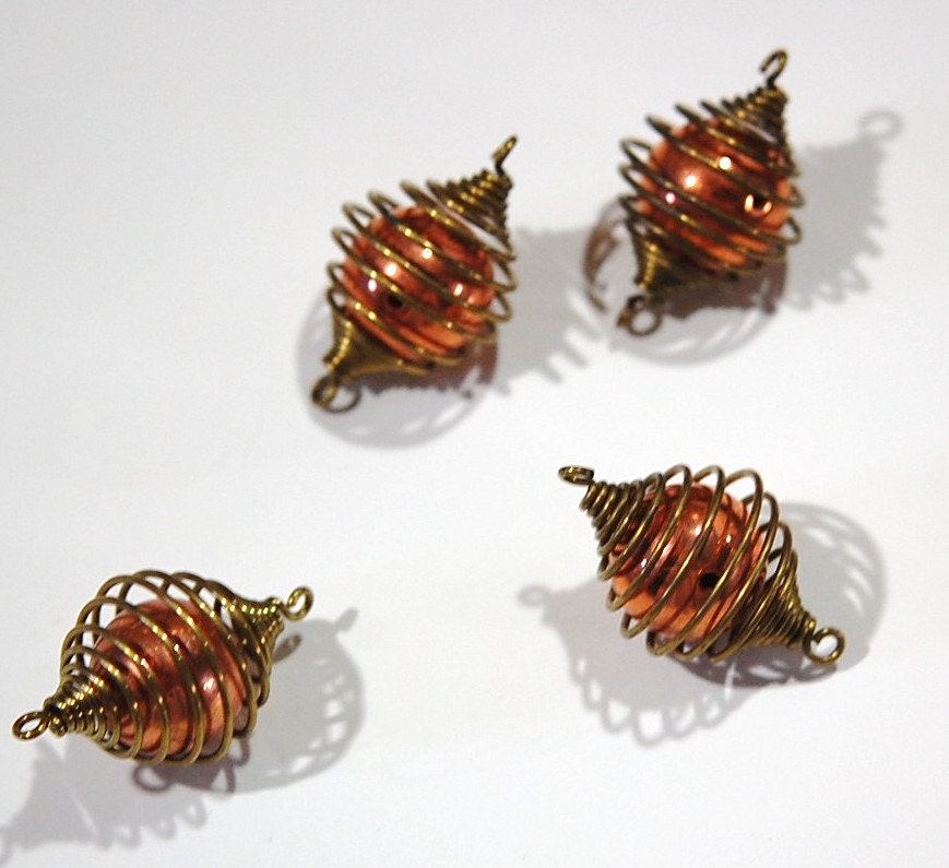 Vintage Raw Brass Cage with Acrylic Copper Bead Connector mtl364