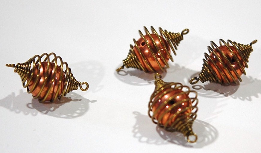 Vintage Raw Brass Cage with Acrylic Copper Bead Connector mtl364