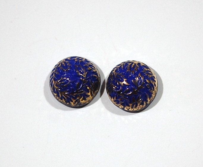 Vintage Blue Etched Domed Cabochons Germany 15mm (2) cab047C