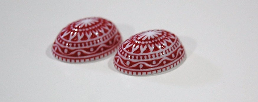 Vintage Etched Mosaic Red and White Cabochons 25x18mm (2) cab715C