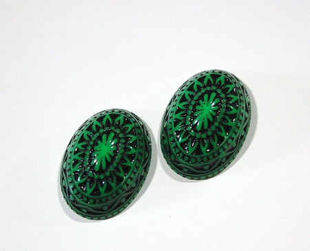 Vintage Etched Mosaic Green and Black Cabochons 25x18mm (2) cab715D