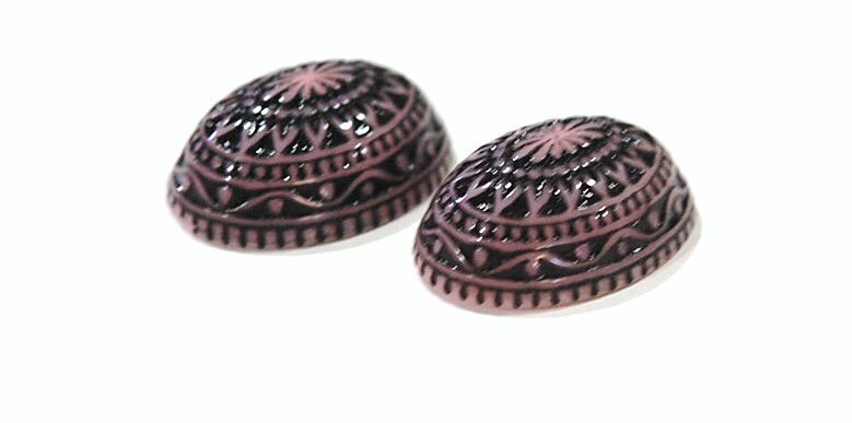 Vintage Etched Mosaic Pink and Black Cabochons 25x18mm (2) cab715E