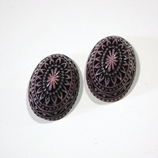 Vintage Etched Mosaic Pink and Black Cabochons 25x18mm (2) cab715E