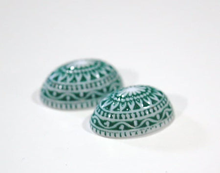 Vintage Etched Mosaic Emerald Green and White Cabochons 25x18mm (2) cab715G