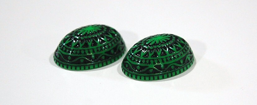 Vintage Etched Mosaic Green and Black Cabochons 25x18mm (2) cab715D