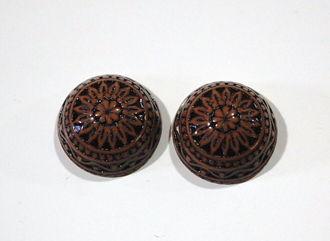 Vintage Etched Mosaic Brown and Black Cabochons 18mm (2) cab710D