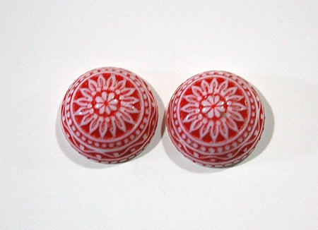 Vintage Etched Mosaic Red and White Cabochons 18mm (2) cab710C