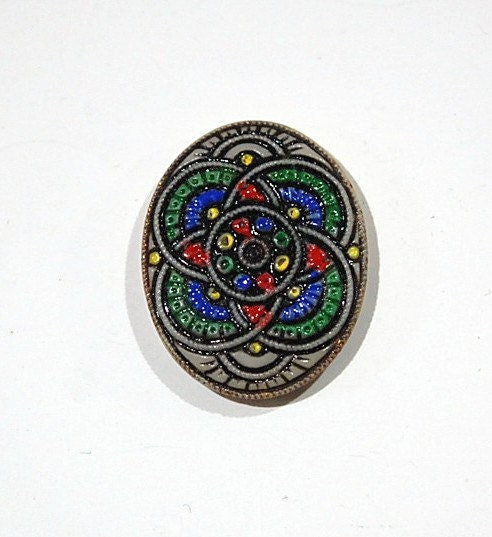 Vintage Colorful Etched Mosaic Glass Cabochon Germany 25x20mm cab183