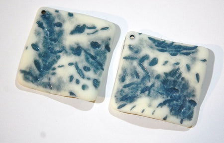 Vintage Matte Blue on Soft White Etched Square Wavy Acrylic Pendants 36mm (2) pnd149B