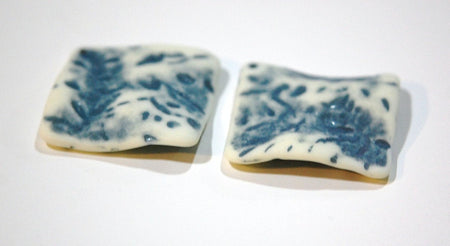 Vintage Matte Blue on Soft White Etched Square Wavy Acrylic Pendants 36mm (2) pnd149B