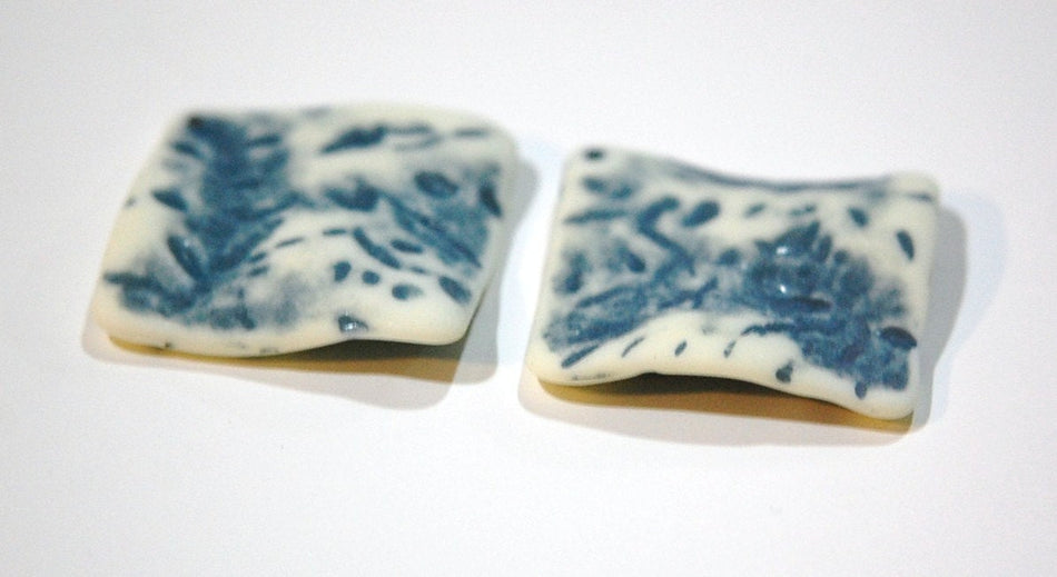 Vintage Matte Blue on Soft White Etched Square Wavy Acrylic Pendants 36mm (2) pnd149B