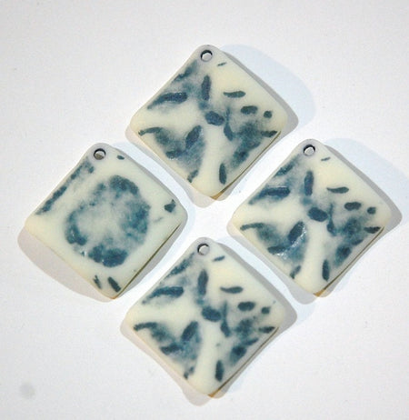 Vintage Matte Blue on Soft White Etched Square Wavy Acrylic Pendants 20mm (4) pnd149E