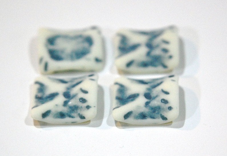 Vintage Matte Blue on Soft White Etched Square Wavy Acrylic Pendants 20mm (4) pnd149E